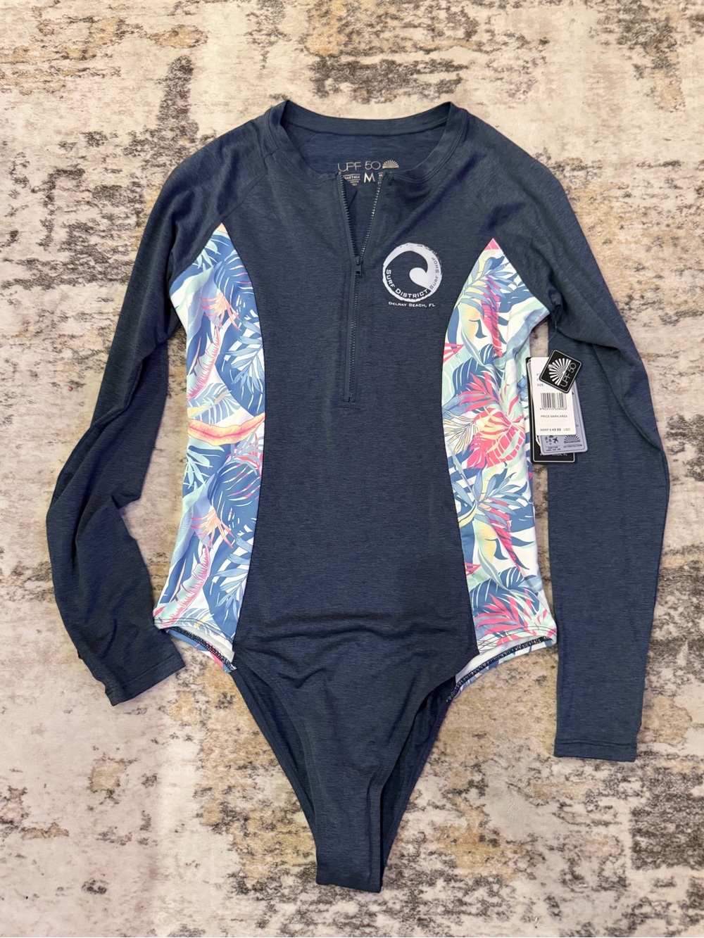 Ina Navy Long-Sleeve One-Piece with Tropical Side Panels